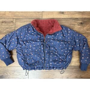 American Eagle Crop Floral Blue Puffer Fleece Reversible Jacket Womens Sz S